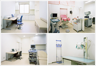 1階小児科診察室（左上）1階内診室（右上）1階産科診察室（左下）1階X線室（左下）